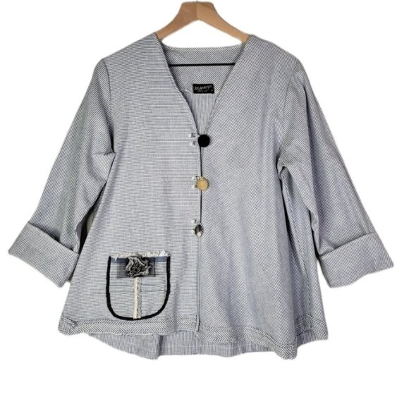 Lee Andersen Stripe Lightweight Jacket Boho M‎ Button Blue White Lagenlook Artsy - Picture 1 of 7